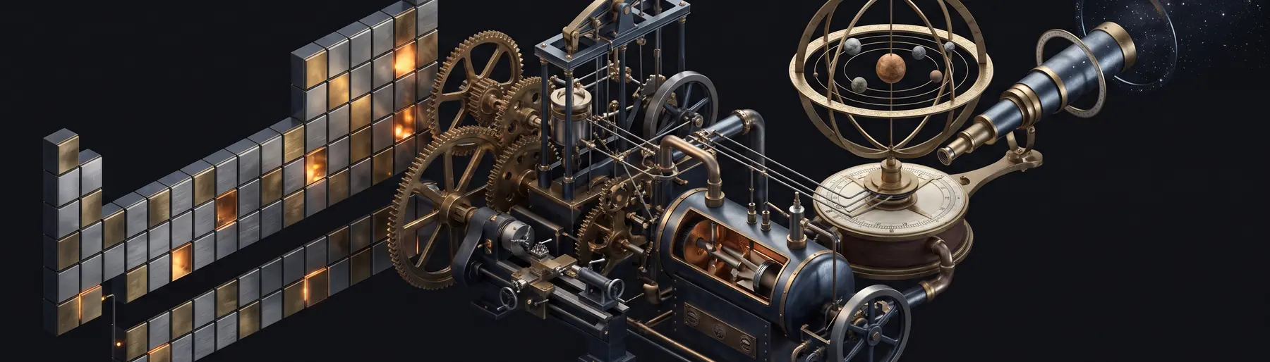 One brass-and-steel machine seen in isometric: a wall of periodic-table tiles feeds into a train of gears, a beam engine and a lathe, and the drive runs on into an armillary sphere and a telescope pointed at a field of stars.